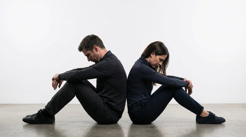 Paar sitzt sich Rücken an Rücken gegenüber.